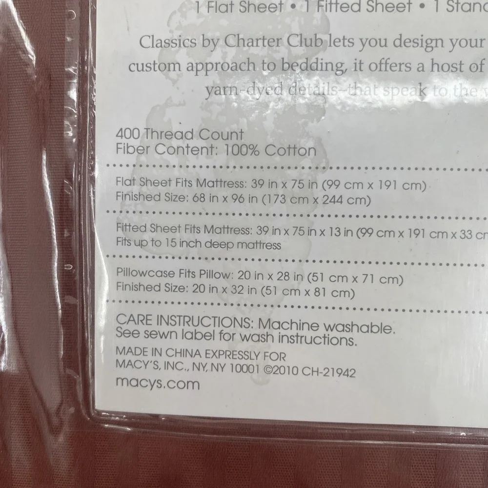 Charter Club Sheet Set TWIN Rust Tonal Stripe 400 TC 100% Cotton Dobby Sateen